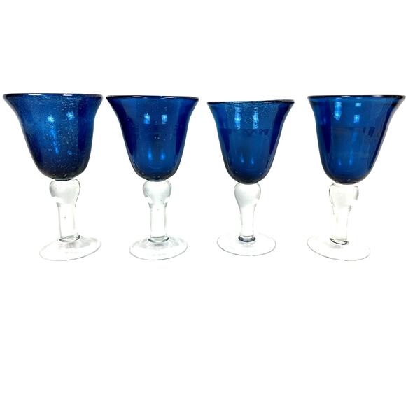 Tabletops Unlimited Corsica Hand-Blown Blue Seeded Chalice Water Goblets-Set 4 - Picture 2 of 6